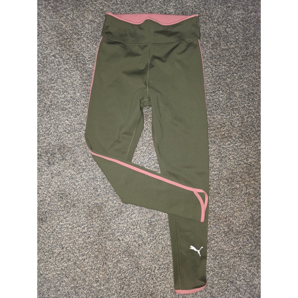 Puma Womens Olive Green Pink Trim High Rise Athletic Leggings Small
